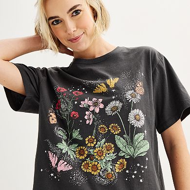 Juniors' Short Sleeve Cropped Flower Graphic Tee