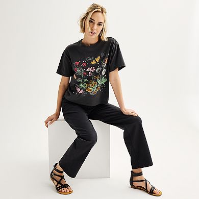 Juniors' Short Sleeve Cropped Flower Graphic Tee