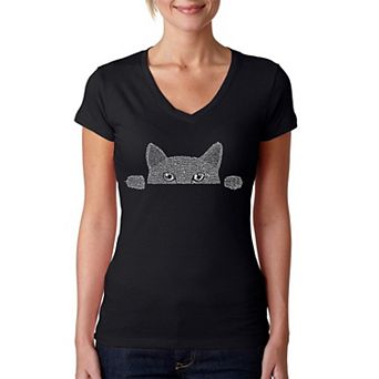 Peeking Cat - Women's Word Art V-Neck T-Shirt