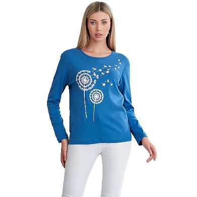 Long Sleeve Scoop Neck Blue T-shirt For Women In Dandelion Print