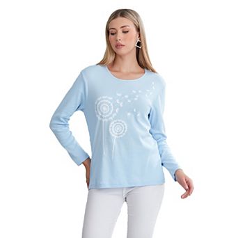 Long Sleeve Scoop Neck Blue T-shirt For Women In Dandelion Print