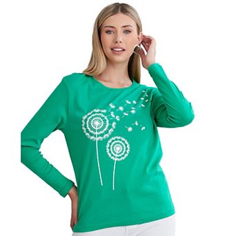 Long Sleeve Scoop Neck Blue T-shirt For Women In Dandelion Print