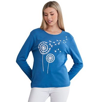 Long Sleeve Scoop Neck Blue T-shirt For Women In Dandelion Print