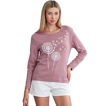 Long Sleeve Scoop Neck Blue T-shirt For Women In Dandelion Print