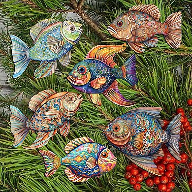 Fish Decorative Wooden Holiday Ornaments Set of 6 by G. Debrekht - Coastal Decor