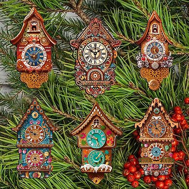 Miniature clock Wooden Clip-on Christmas Ornaments Set of 6 by G. Debrekht - Christmas Decor