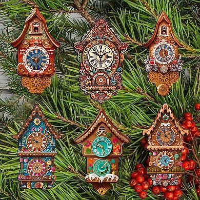 Miniature clock Decorative Wooden Clip-on Christmas Ornaments Set of 6 by G. Debrekht - Christmas Decor