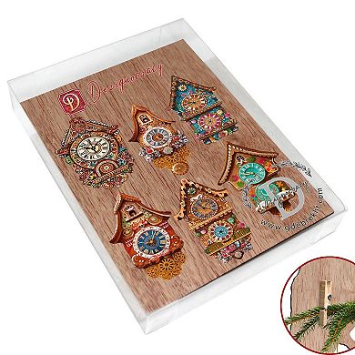 Miniature clock Wooden Clip-on Christmas Ornaments Set of 6 by G. Debrekht - Christmas Decor