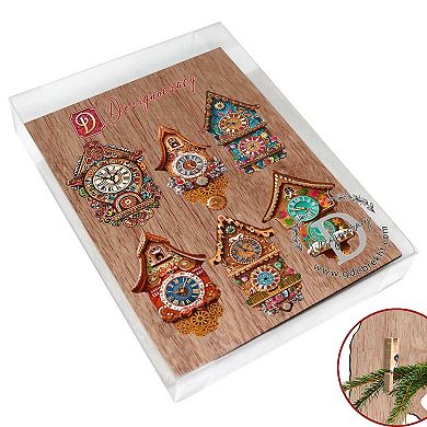 Miniature clock Decorative Wooden Clip-on Christmas Ornaments Set of 6 by G. Debrekht - Christmas Decor