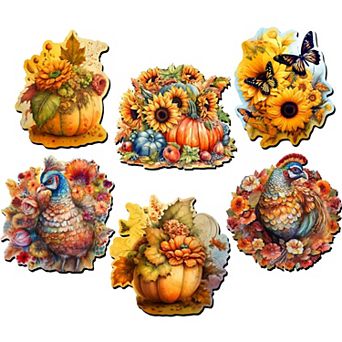 Fall-Themed Wooden Clip-on Ornaments of 6 by G. Debrekht - Thanksgiving Decor