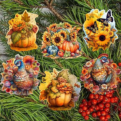 Fall-Themed Decorative Wooden Clip-on Ornaments of 6 by G. Debrekht - Thanksgiving Decor