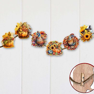 Fall-Themed Decorative Wooden Clip-on Ornaments of 6 by G. Debrekht - Thanksgiving Decor