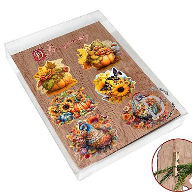 Fall-Themed Decorative Wooden Clip-on Ornaments of 6 by G. Debrekht - Thanksgiving Decor