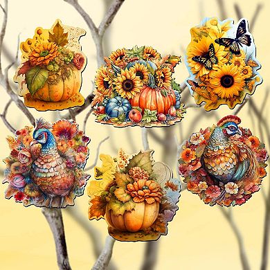 Fall-Themed Decorative Wooden Clip-on Ornaments of 6 by G. Debrekht - Thanksgiving Decor