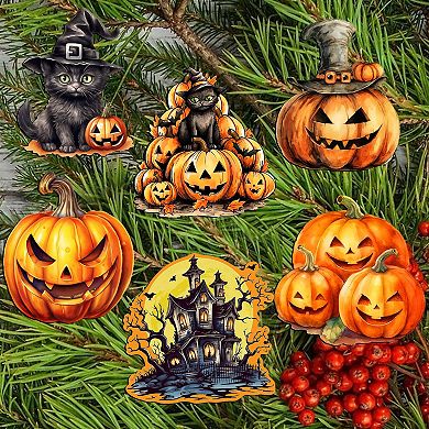 Spooky pumpkins Decorative Wooden Clip-on Ornaments of 6 by G. Debrekht - Halloween Decor