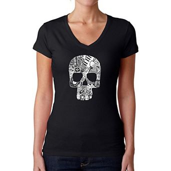 Rock n Roll Skull - Women's Word Art V-Neck T-Shirt