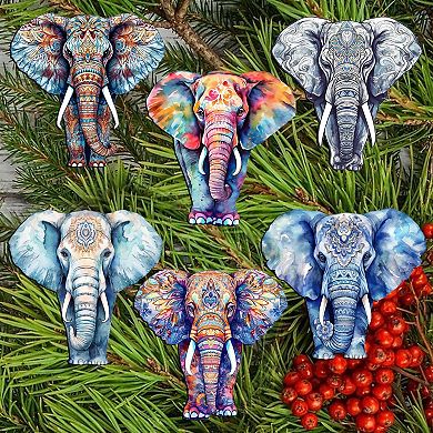 Elephants Decorative Wooden Clip-on Christmas Ornaments Set of 6 by G. Debrekht - Christmas Decor