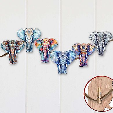 Elephants Wooden Clip-on Christmas Ornaments Set of 6 by G. Debrekht - Christmas Decor