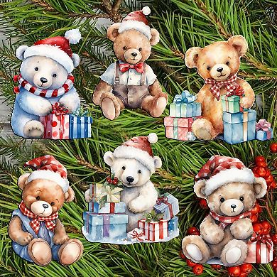 Christmas Teddy Bear Wooden Clip-on Christmas Ornaments of 6 by G. Debrekht - Christmas Decor