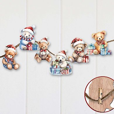 Christmas Teddy Bear Wooden Clip-on Christmas Ornaments of 6 by G. Debrekht - Christmas Decor
