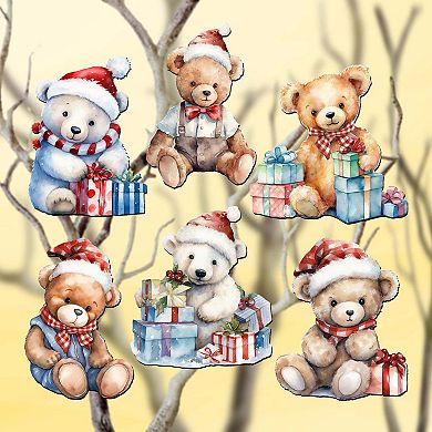 Christmas Teddy Bear Wooden Clip-on Christmas Ornaments of 6 by G. Debrekht - Christmas Decor