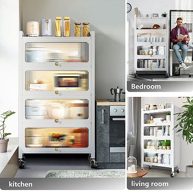 4 Door Accent Cabinet, 5 Tier Kitchen Organizer Shelf, White