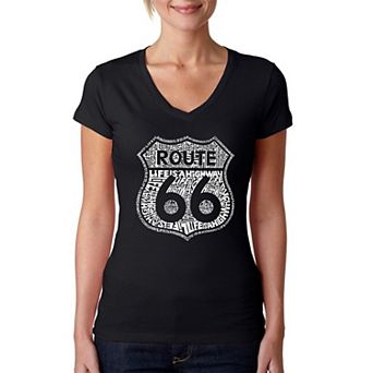 Route 66 - Life is a Highway - Women's Word Art V-Neck T-Shirt