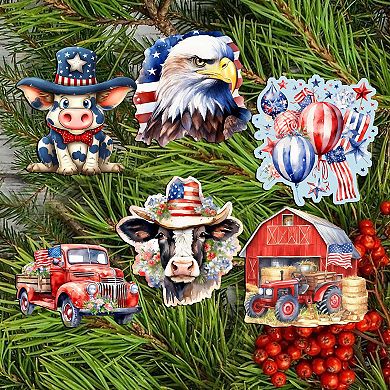 American flag Decorative Wooden Clip-on Ornaments of 6 by G. Debrekht - Patriotic Decor