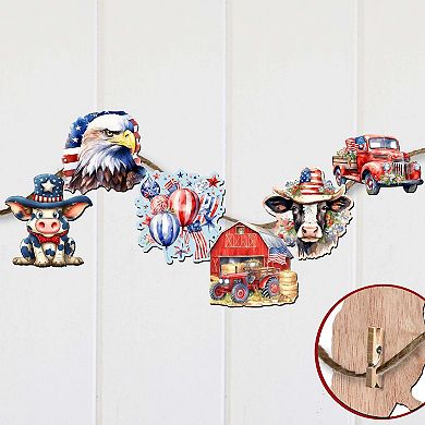 American flag Decorative Wooden Clip-on Ornaments of 6 by G. Debrekht - Patriotic Decor