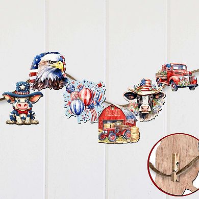 American flag Wooden Clip-on Ornaments of 6 by G. Debrekht - Patriotic Decor