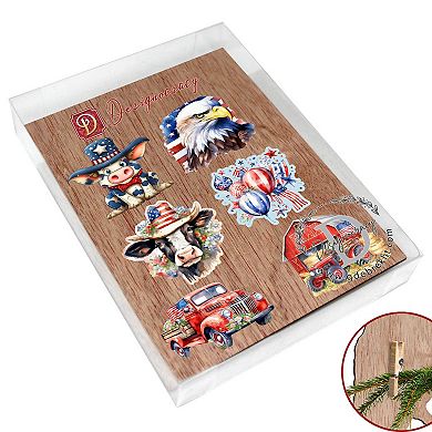 American flag Wooden Clip-on Ornaments of 6 by G. Debrekht - Patriotic Decor