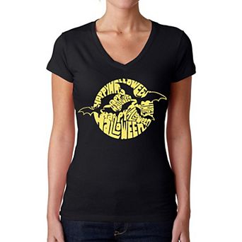 Women's Word Art V-Neck T-Shirt - Halloween Bats