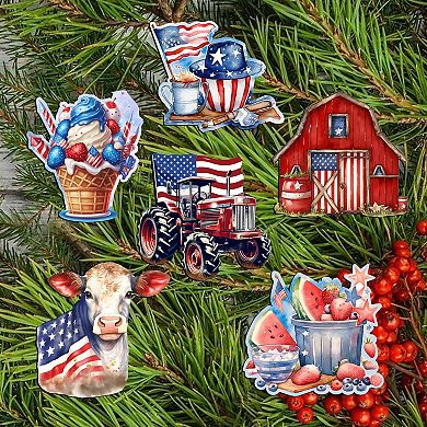 American Farmhouse Decorative Wooden Clip-on Ornaments of 6 by G. Debrekht - Patriotic Decor