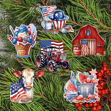 American Farmhouse Wooden Clip-on Ornaments of 6 by G. Debrekht - Patriotic Decor