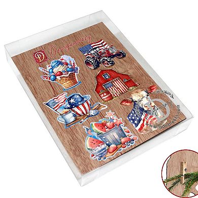 American Farmhouse Wooden Clip-on Ornaments of 6 by G. Debrekht - Patriotic Decor