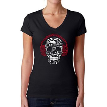 Music Notes Skull - Women's Word Art V-Neck T-Shirt