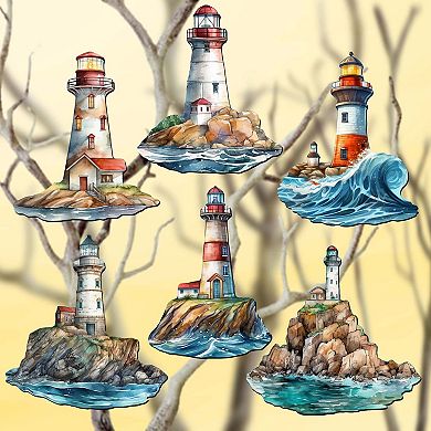 Lighthouse Wooden Clip-on Ornaments Set of 6 by G. Debrekht - Coastal Decor
