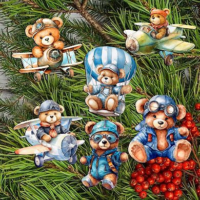 Aviator Teddy Bear Decorative Wooden Clip-on Christmas Ornaments of 6 by G. Debrekht - Christmas Decor