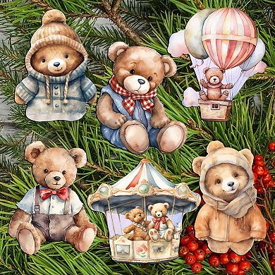 Teddy Bear Decorative Wooden Clip-on Christmas Ornaments Set of 6 by G. Debrekht - Christmas Decor