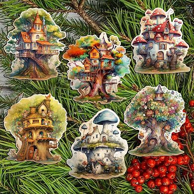 Tree House Decorative Wooden Clip-on Christmas Ornaments Set of 6 by G. Debrekht - Christmas Decor