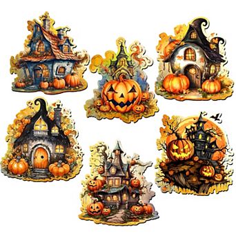 Spooky Houses Wooden Clip-on Ornaments of 6 by G. Debrekht - Halloween Decor