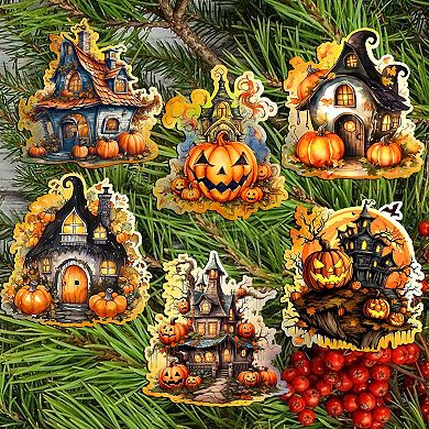 Spooky Houses Decorative Wooden Clip-on Ornaments of 6 by G. Debrekht - Halloween Decor