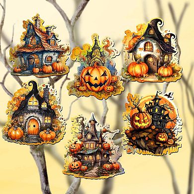 Spooky Houses Decorative Wooden Clip-on Ornaments of 6 by G. Debrekht - Halloween Decor