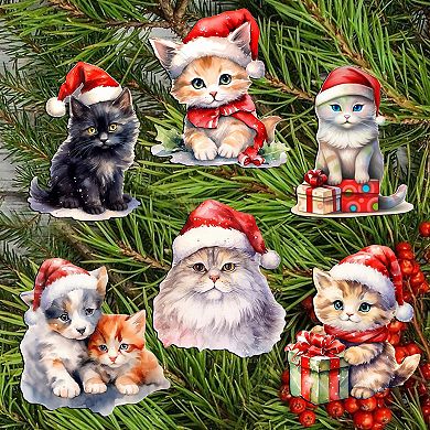 Christmas Cats Wooden Clip-on Christmas Ornaments of 6 by G. Debrekht - Christmas Decor
