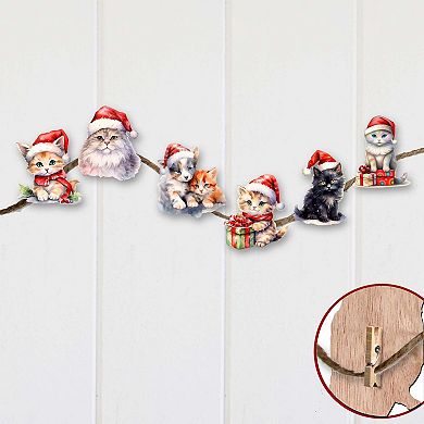 Christmas Cats Wooden Clip-on Christmas Ornaments of 6 by G. Debrekht - Christmas Decor
