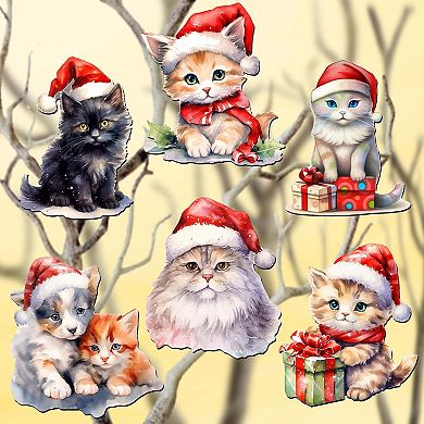 Christmas Cats Wooden Clip-on Christmas Ornaments of 6 by G. Debrekht - Christmas Decor