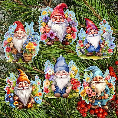 Garden Gnomes Decorative Wooden Clip-on Christmas Ornaments Set of 6 by G. Debrekht - Christmas Decor