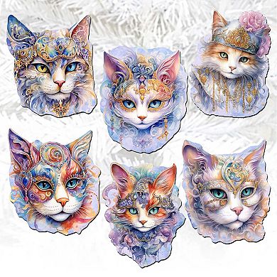 Cats Masks Decorative Wooden Clip-on Christmas Ornaments Set of 6 by G. Debrekht - Christmas Decor