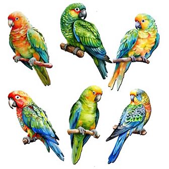Parrots Wooden Clip-on Christmas Ornaments of 6 by G. Debrekht - Christmas Decor