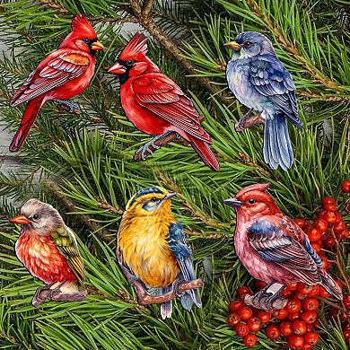 Winter Birds Wooden Clip-on Christmas Ornaments of 6 by G. Debrekht - Christmas Decor